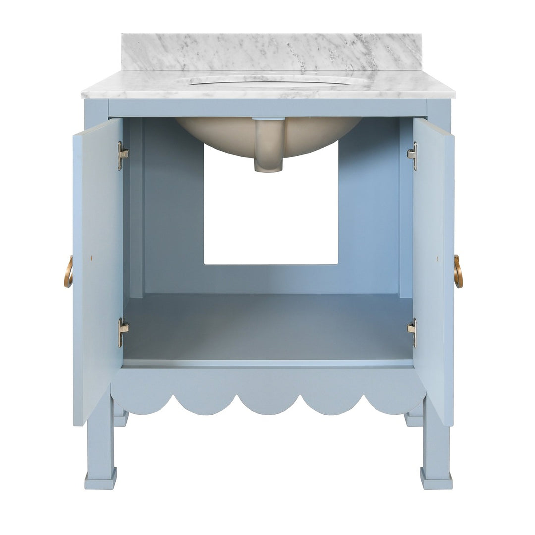 Kealey - Bath Vanity With Scallop Detail In Matte Light Blue With White Marble Top And Porcelain Sink