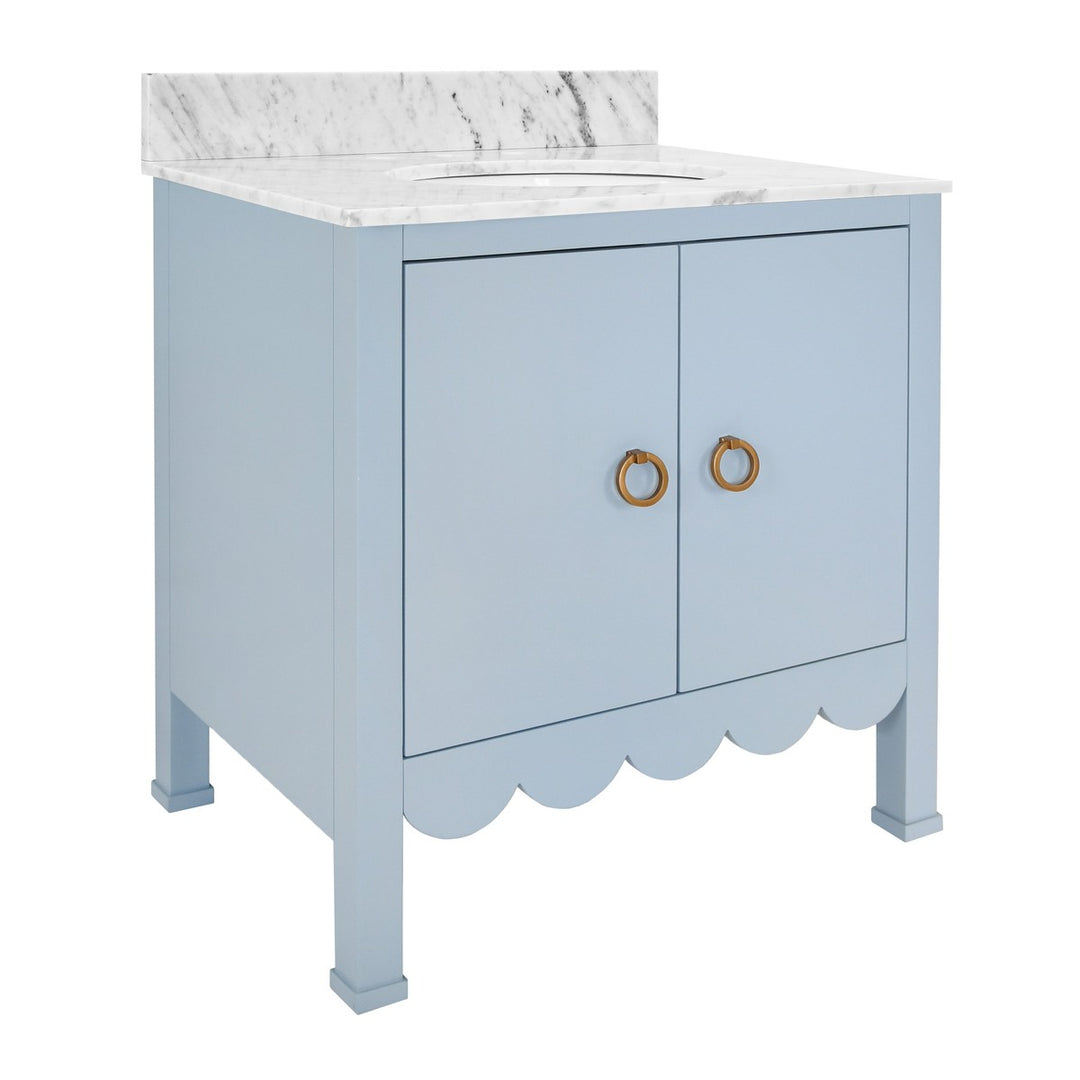 Kealey - Bath Vanity With Scallop Detail In Matte Light Blue With White Marble Top And Porcelain Sink