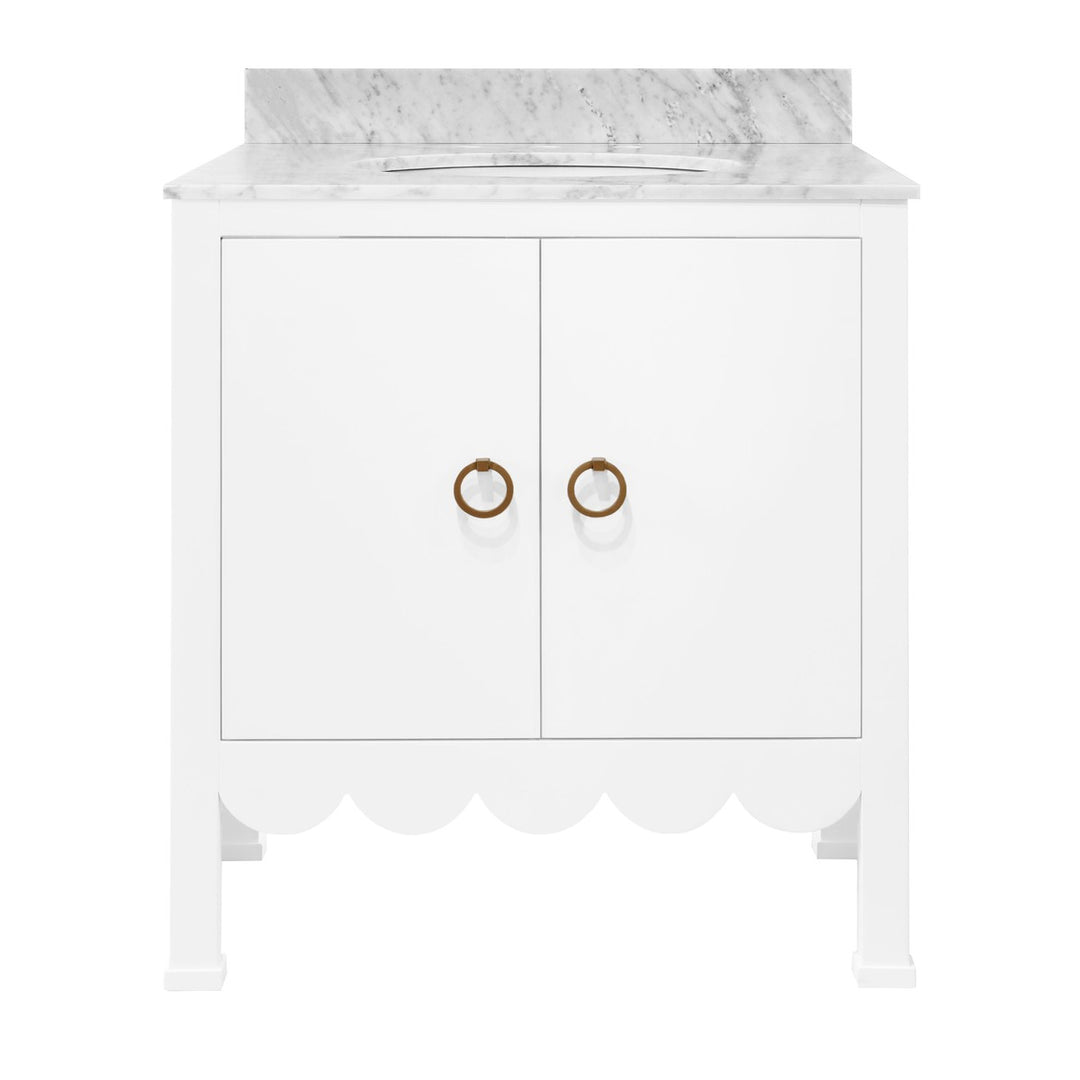 Kealey - Bath Vanity With Scallop Detail In Matte White Lacquer With White Marble Top And Porcelain Sink