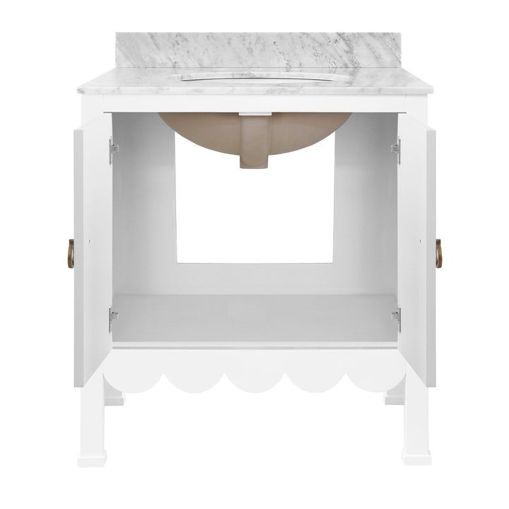 Kealey - Bath Vanity With Scallop Detail In Matte White Lacquer With White Marble Top And Porcelain Sink