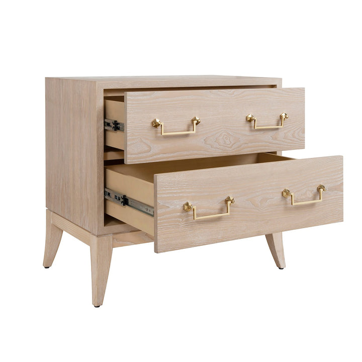 Kenna - Sabre Leg 2 Drawer Side Table With Brass Swing Handle In Light Cerused Oak