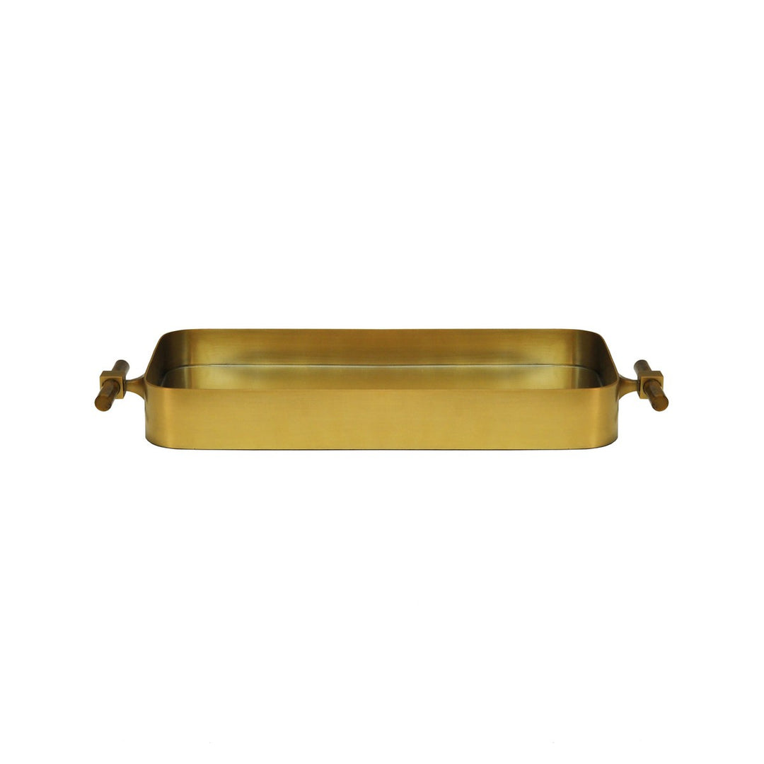 Klein - Small Rounded Edge Tray In Antique Brass With Horn Handles And Inset Mirror