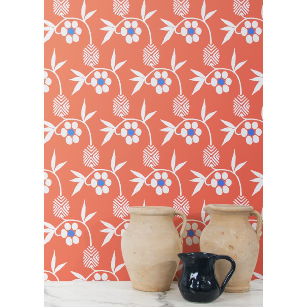 Kimono Flower Wallpaper-Mitchell Black-MITCHB-WC376-2-PM-10-Wall DecorPatterns Cayenne-Premium Matte Paper-2-France and Son