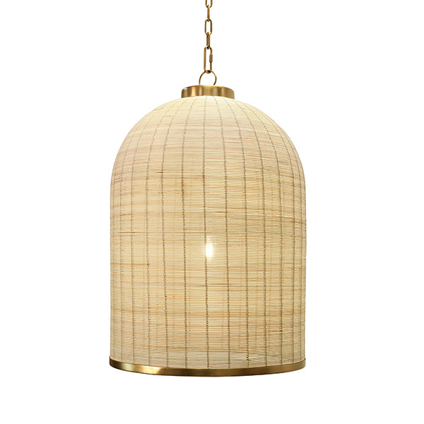 Chandeliers Bell Shaped Natural Rattan Pendant With Satin Brass Trim