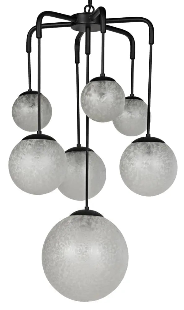 Chandelier with six spherical glass shades and black metal fixture on a white background