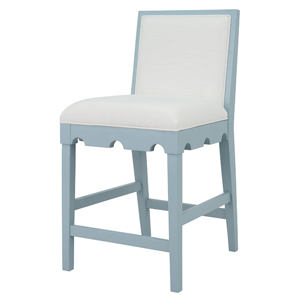 Bar & Counter Stools Square Back Counter Stool With Decorative Apron In Matte Light Blue Lacquer With Performance White Linen Upholstery