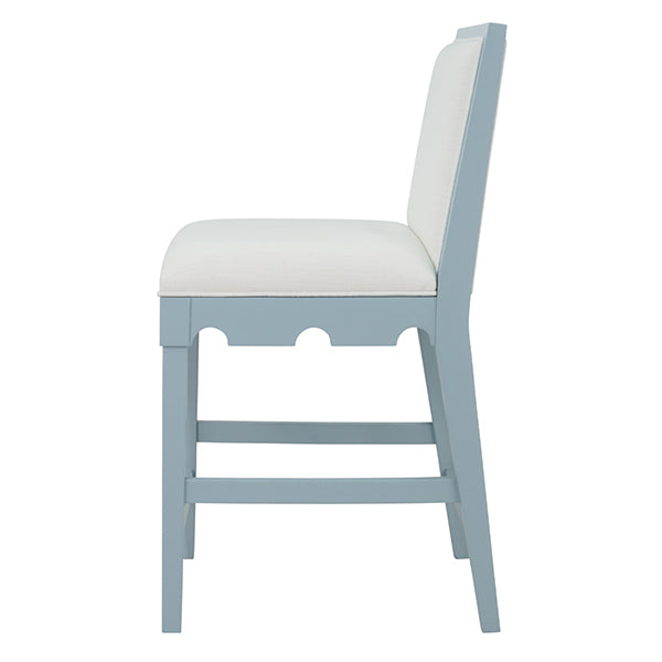 Bar & Counter Stools Square Back Counter Stool With Decorative Apron In Matte Light Blue Lacquer With Performance White Linen Upholstery