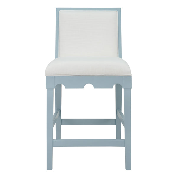 Bar & Counter Stools Square Back Counter Stool With Decorative Apron In Matte Light Blue Lacquer With Performance White Linen Upholstery