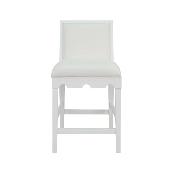 Bar & Counter Stools Square Back Counter Stool With Decorative Apron In Matte White Lacquer With Performance White Linen Upholstery