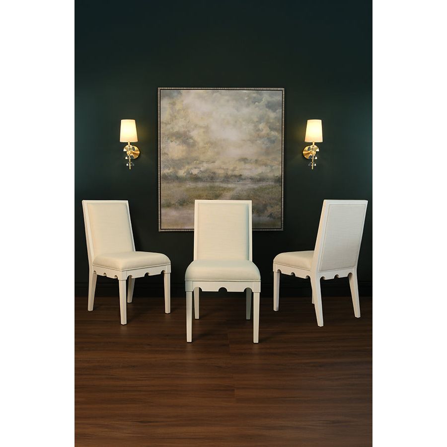 Square Back Dining Chair With Decorative Apron In Matte White Lacquer With Performance White Linen Upholstery