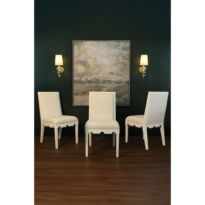 Square Back Dining Chair With Decorative Apron In Matte White Lacquer With Performance White Linen Upholstery