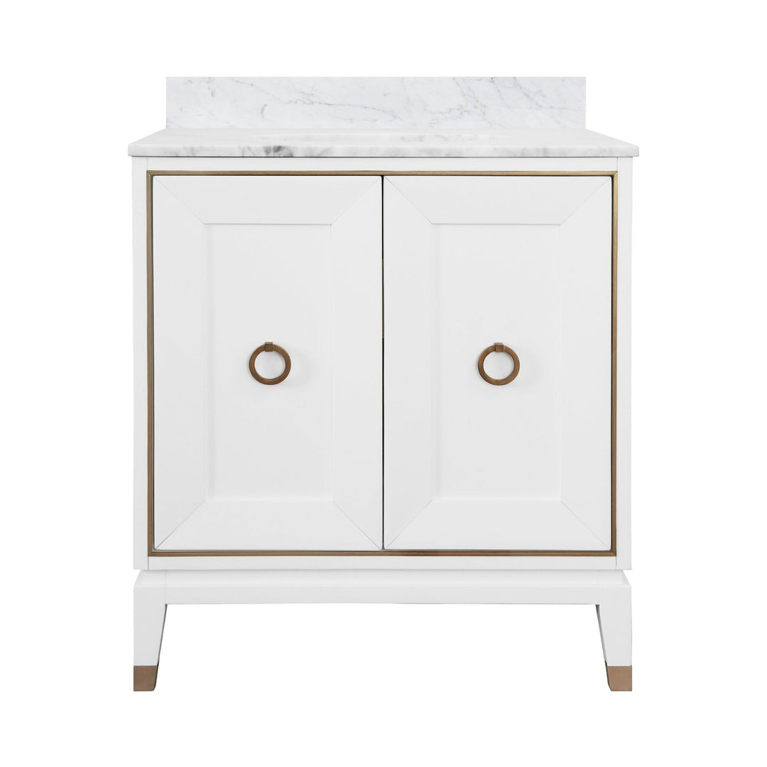 Larson - Bath Vanity In Matte White Lacquer With Antique Brass Detail, White Marble Top, And Porcelain Sink