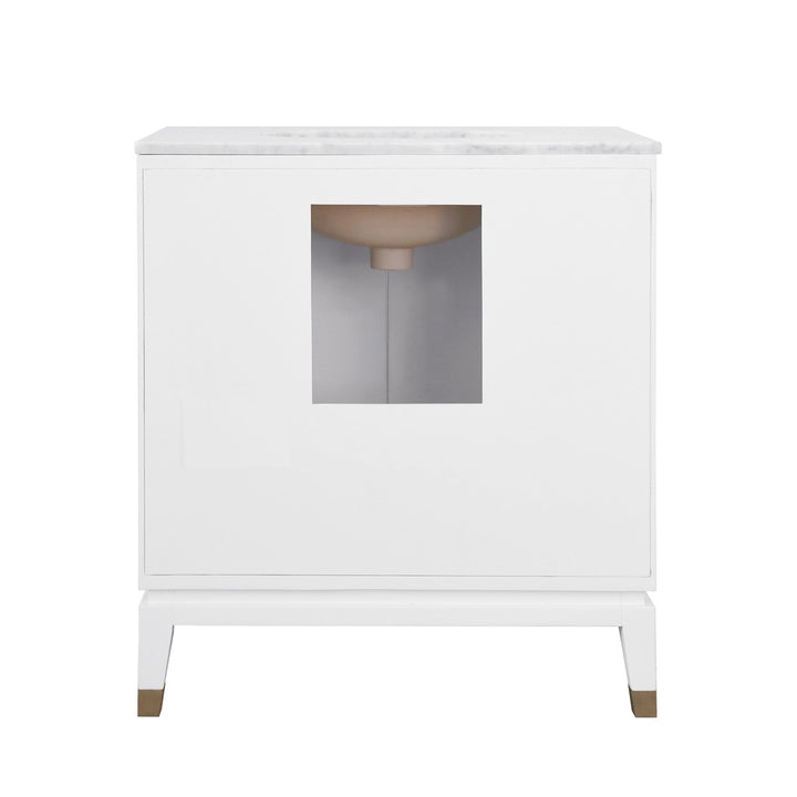 Larson - Bath Vanity In Matte White Lacquer With Antique Brass Detail, White Marble Top, And Porcelain Sink