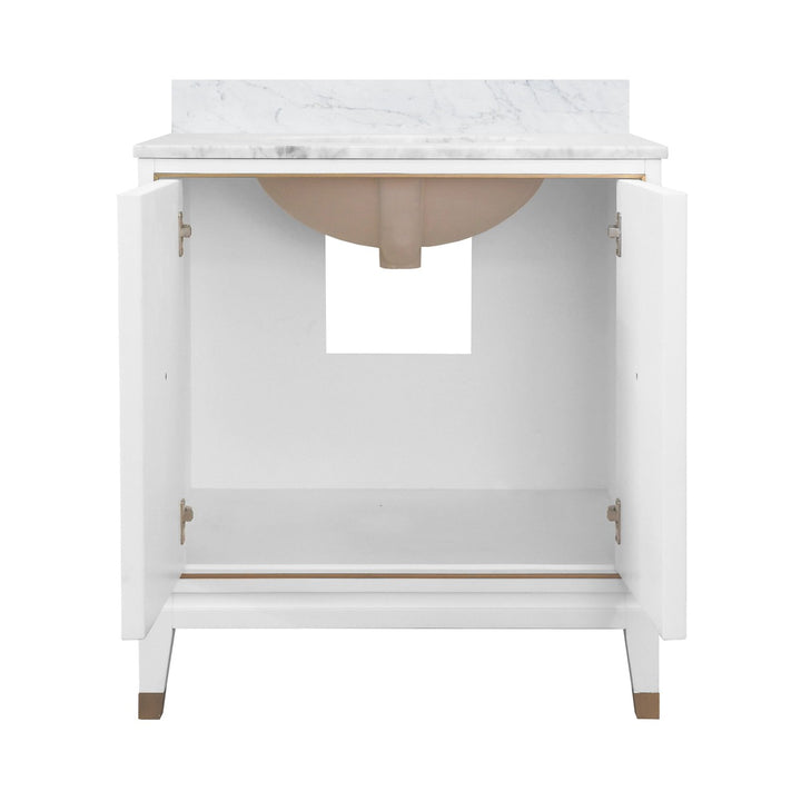 Larson - Bath Vanity In Matte White Lacquer With Antique Brass Detail, White Marble Top, And Porcelain Sink