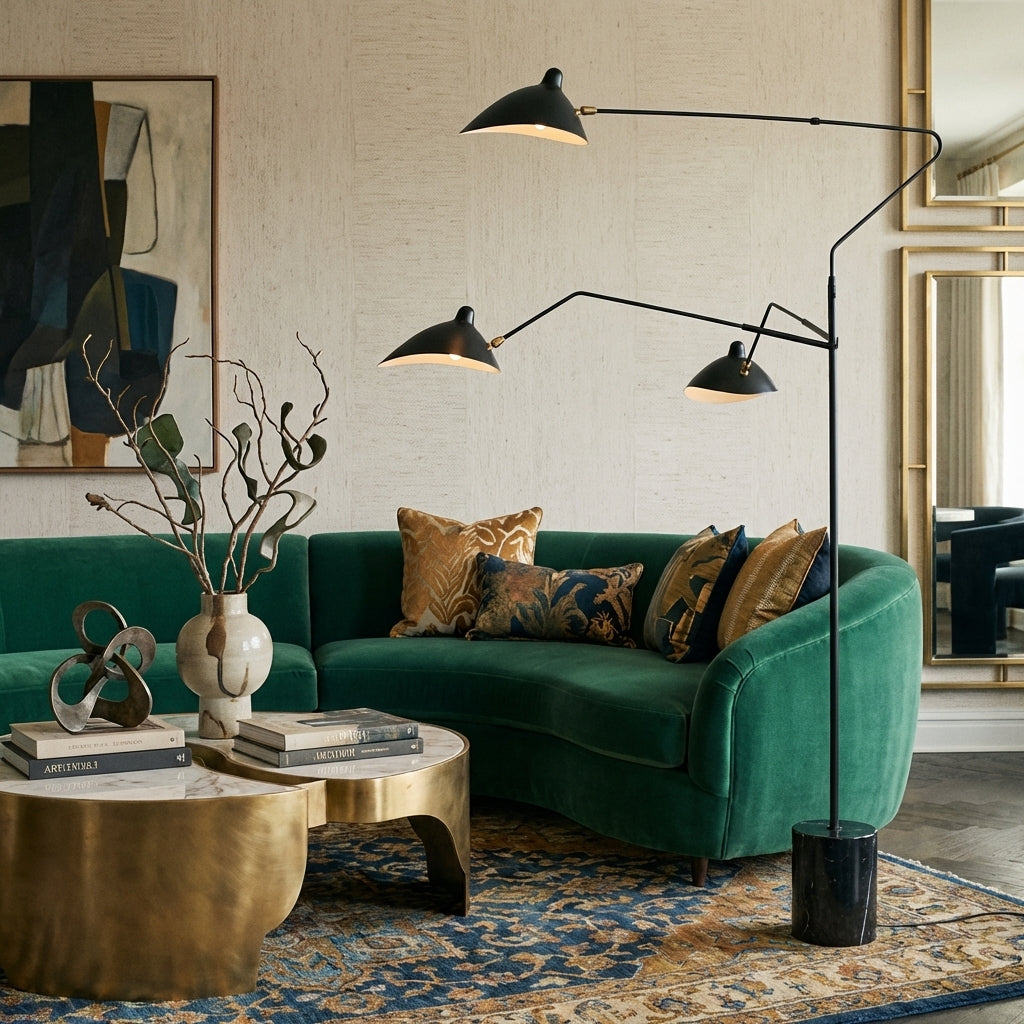 Mid Century Mouille Three-Arm Standing Floor Lamp with Marble Base