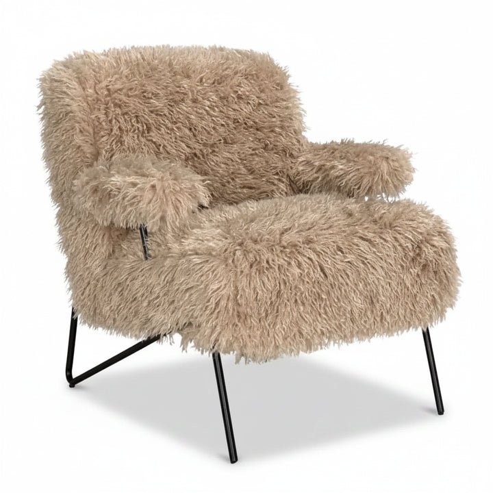 Beige fluffy armchair with black metal legs on a white background