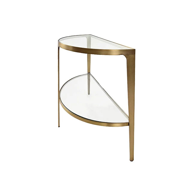 Lisa Two Tier Glass Top Demilune Console In Antique Brass