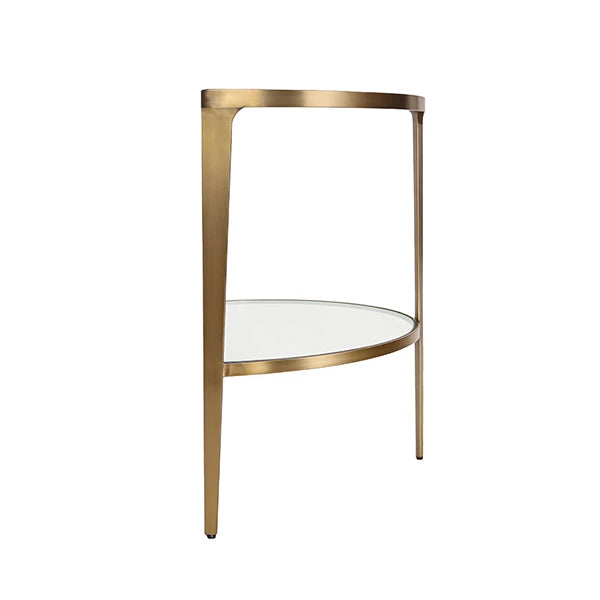 Lisa Two Tier Glass Top Demilune Console In Antique Brass