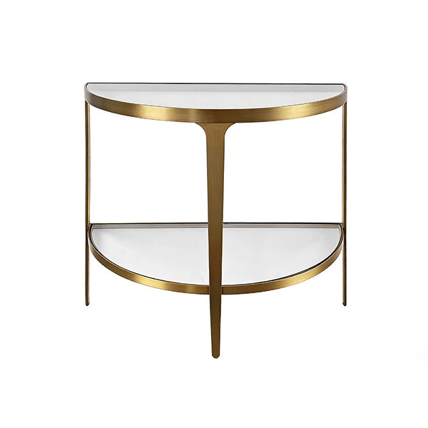Lisa Two Tier Glass Top Demilune Console In Antique Brass