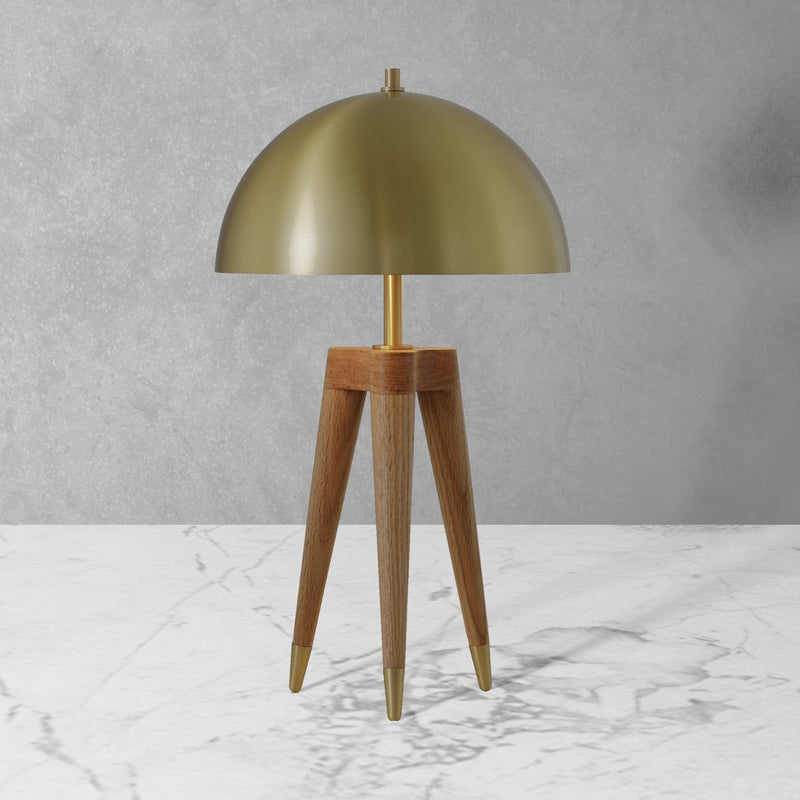 Brass Dome Table Lamp with Wooden Tripod Base-France & Son-LM1601TBRS-Table Lamps-1-France and Son
