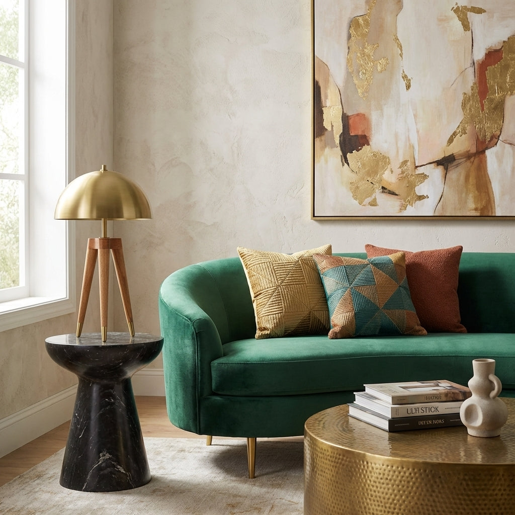 Brass Dome Table Lamp with Wooden Tripod Base
