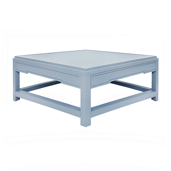 Coffee Tables Two Hidden Drawer Coffee Table With Matte Light Blue Lacquer Frame And Inset Light Blue Grasscloth