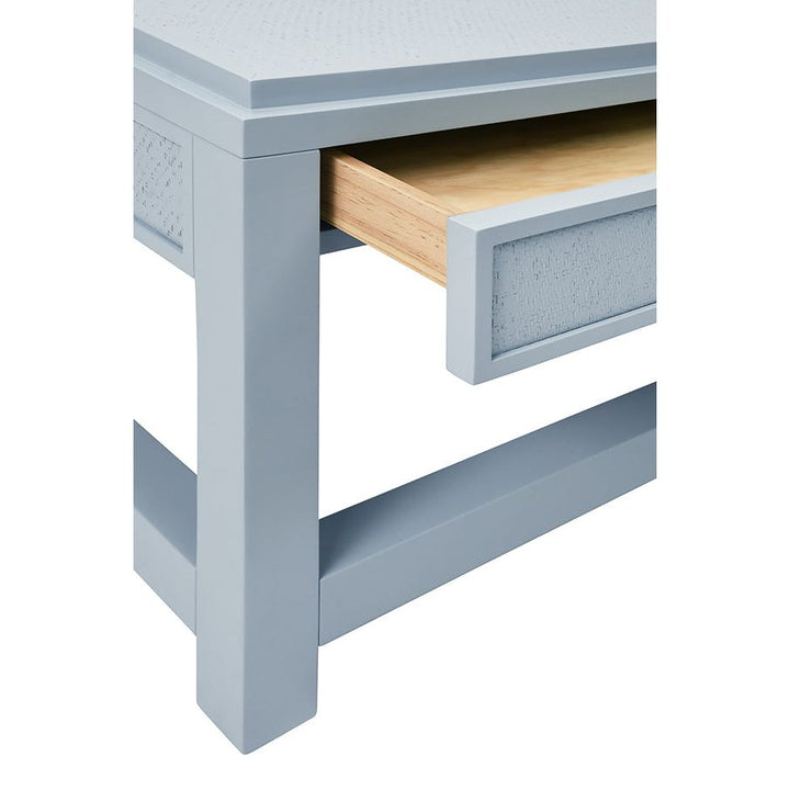 Two Hidden Drawer Coffee Table With Matte Light Blue Lacquer Frame And Inset Light Blue Grasscloth