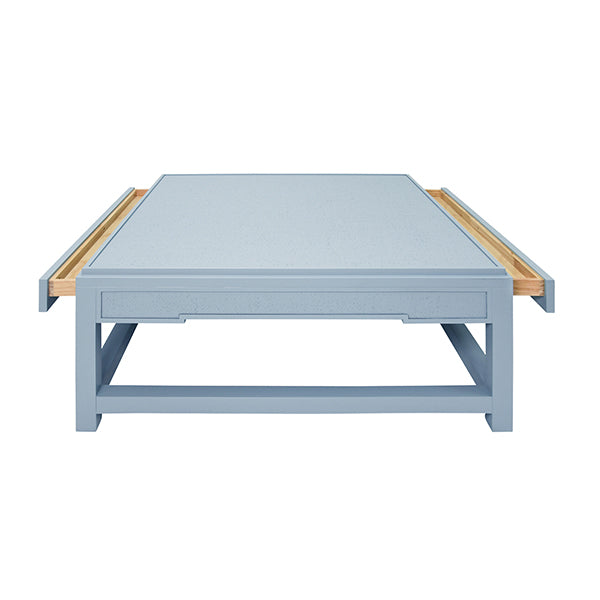 Coffee Tables Two Hidden Drawer Coffee Table With Matte Light Blue Lacquer Frame And Inset Light Blue Grasscloth