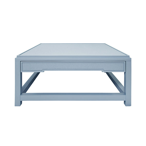 Coffee Tables Two Hidden Drawer Coffee Table With Matte Light Blue Lacquer Frame And Inset Light Blue Grasscloth