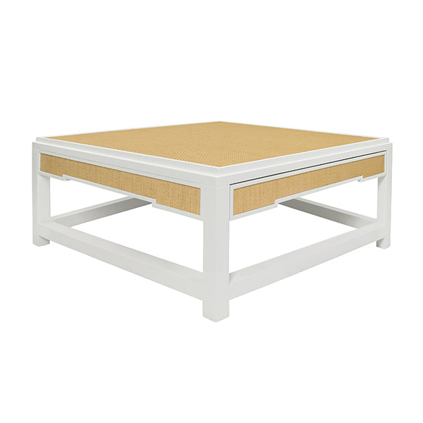 Coffee Tables Two Hidden Drawer Coffee Table With Matte White Lacquer Frame And Inset Natural Grasscloth