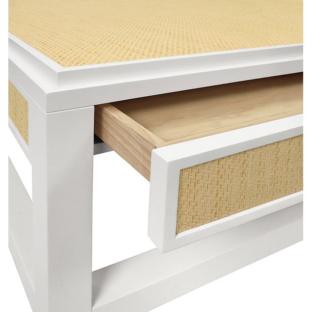 Coffee Tables Two Hidden Drawer Coffee Table With Matte White Lacquer Frame And Inset Natural Grasscloth