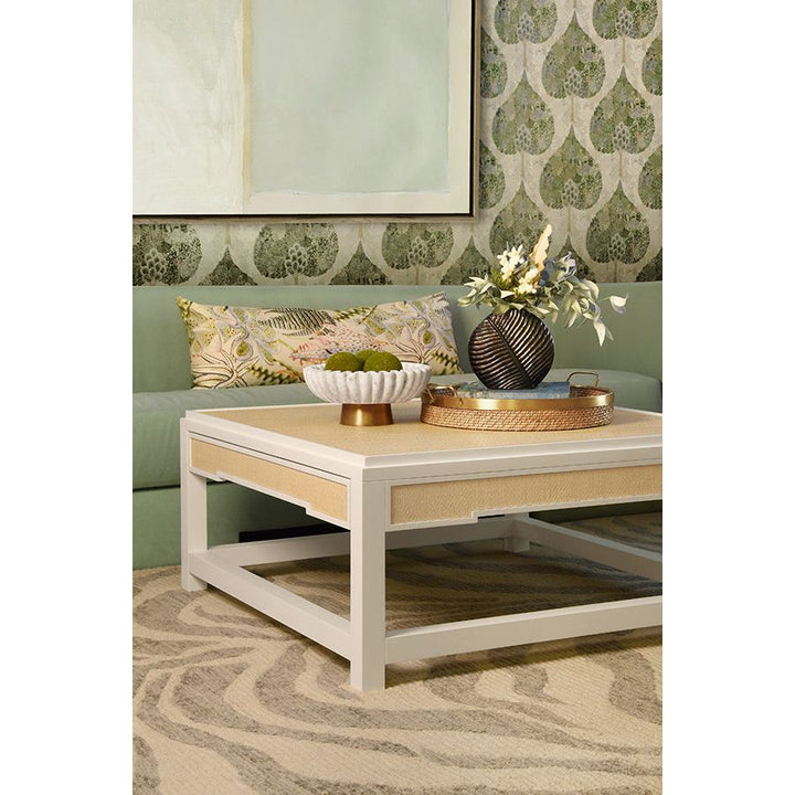Two Hidden Drawer Coffee Table With Matte White Lacquer Frame And Inset Natural Grasscloth