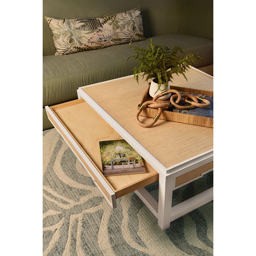 Coffee Tables Two Hidden Drawer Coffee Table With Matte White Lacquer Frame And Inset Natural Grasscloth