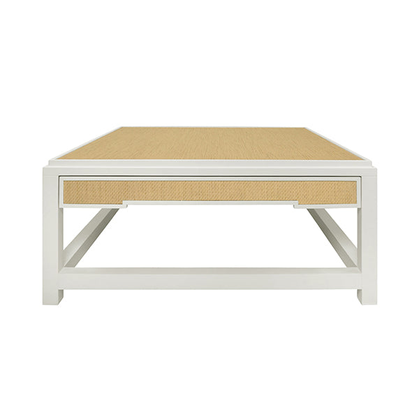 Coffee Tables Two Hidden Drawer Coffee Table With Matte White Lacquer Frame And Inset Natural Grasscloth