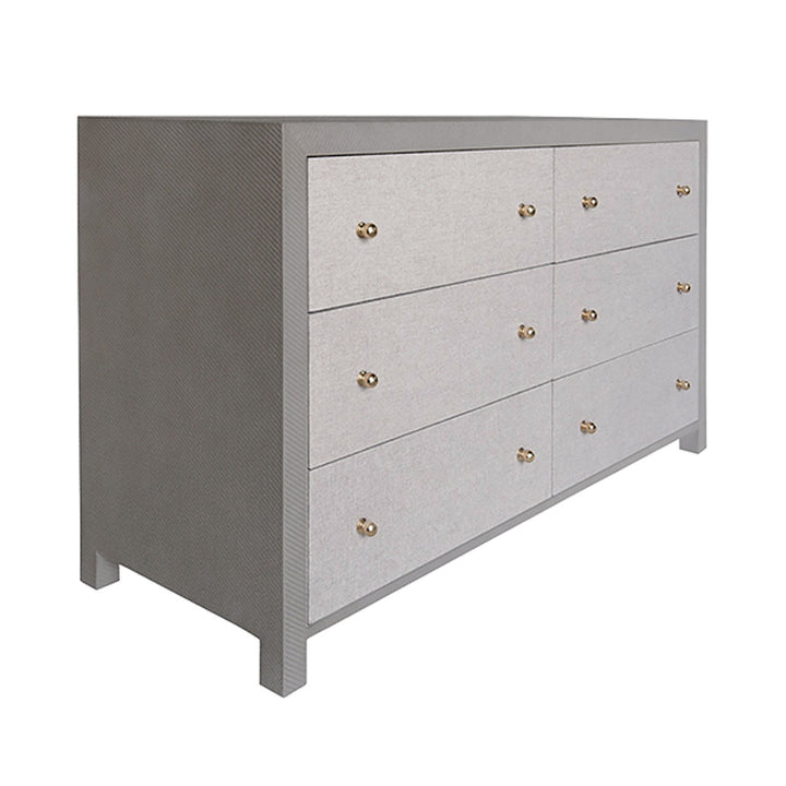 Lowery - Six Drawer Chest In Grey Grasscloth With Grey Linen Drawers And Brass Hardware