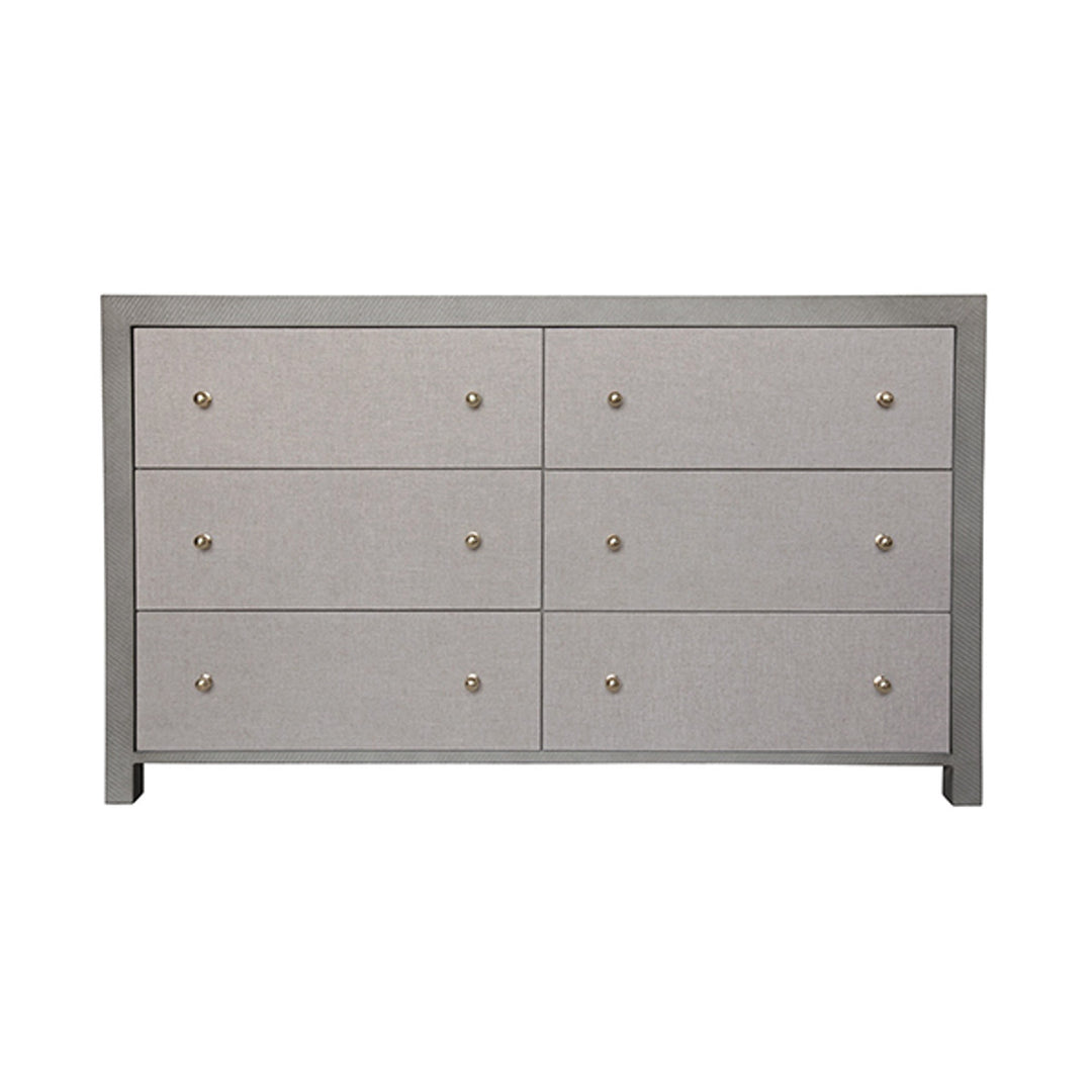 Lowery - Six Drawer Chest In Grey Grasscloth With Grey Linen Drawers And Brass Hardware