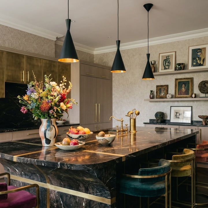 Beat Light Tall Cone Pedant - Black with Hammered Gold Interior