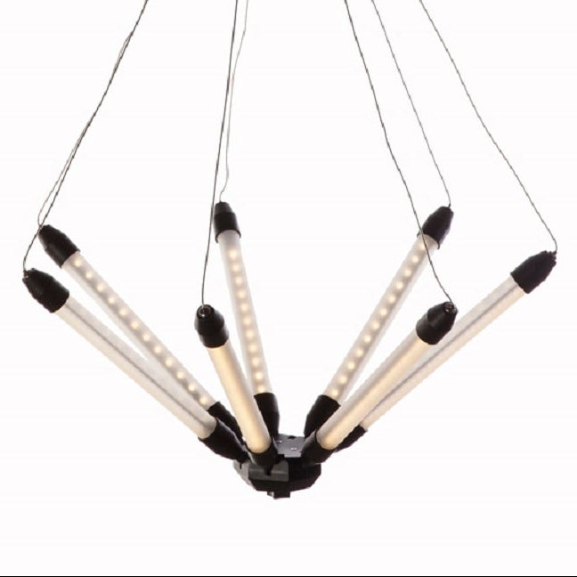 Modern chandelier with black and white design on a white background