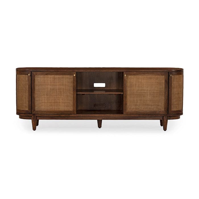 Additional view of Canggu 84" Media Stand in dark walnut brown and natural cane tan.