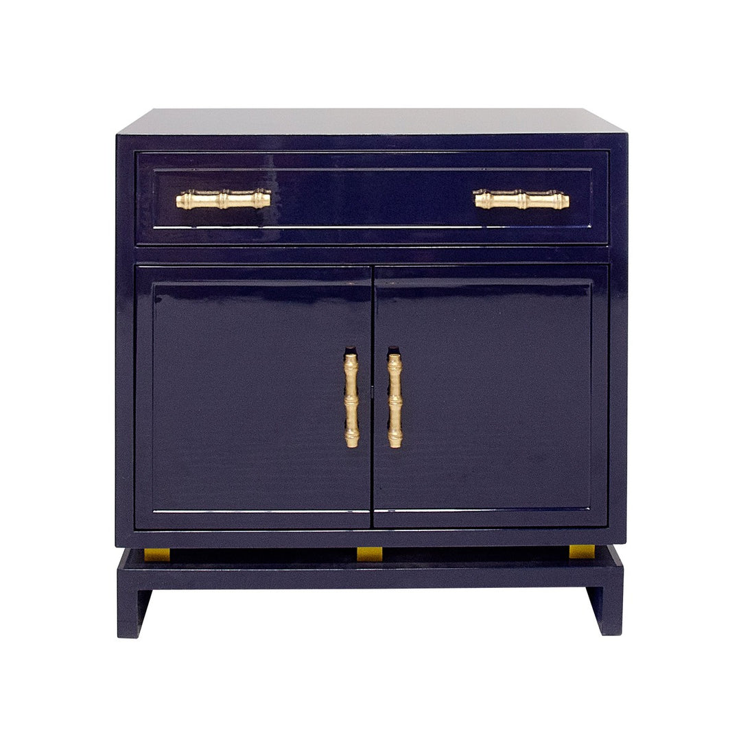 Marcus Navy Lacquer 1 Drawer And 2 Doors Chest With Gold Leaf Hardware & Brass Iron Base