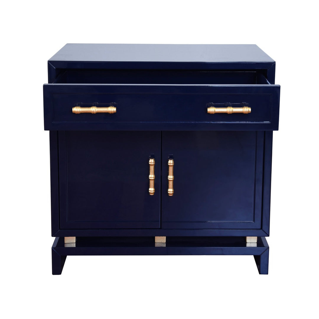 Marcus Navy Lacquer 1 Drawer And 2 Doors Chest With Gold Leaf Hardware & Brass Iron Base