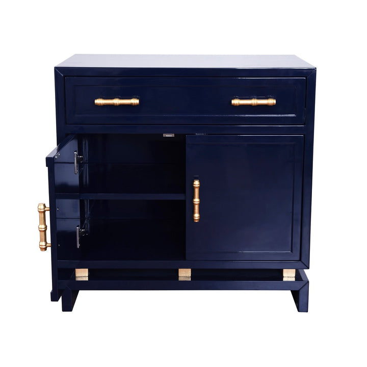 Marcus Navy Lacquer 1 Drawer And 2 Doors Chest With Gold Leaf Hardware & Brass Iron Base