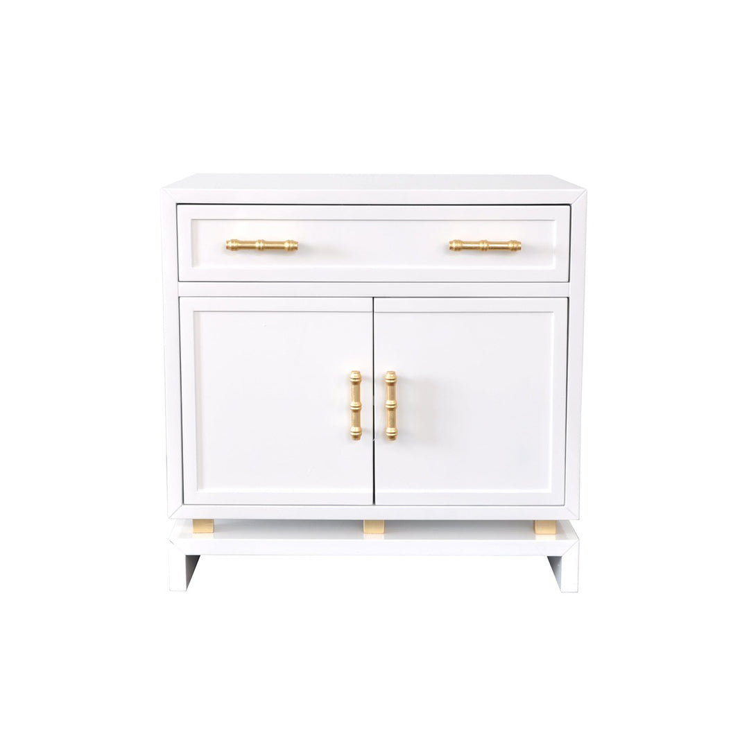 Marcus White Lacquer 1 Drawer And 2 Doors Chest With Gold Leaf Hardware &  Brass Iron Base