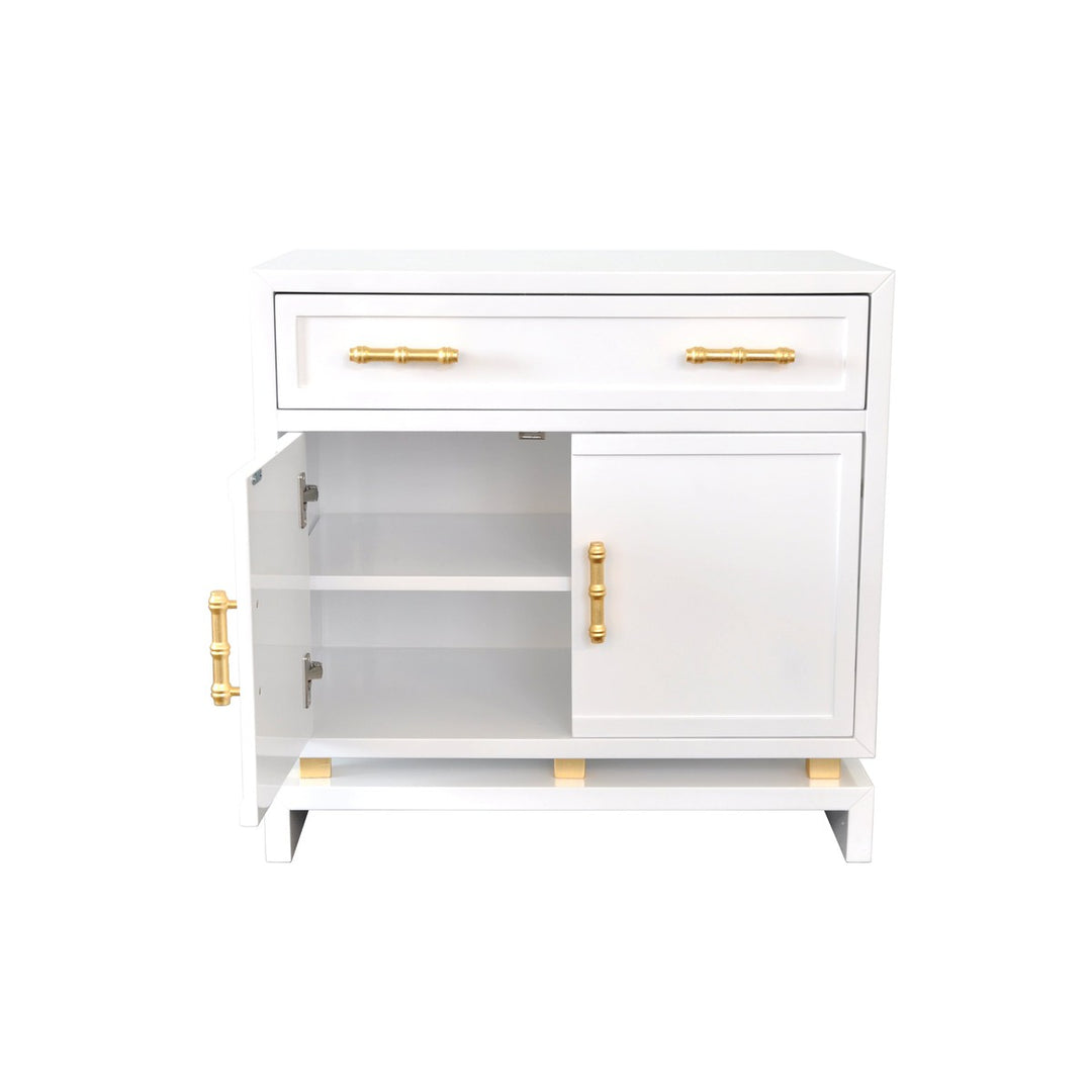 Marcus White Lacquer 1 Drawer And 2 Doors Chest With Gold Leaf Hardware &  Brass Iron Base