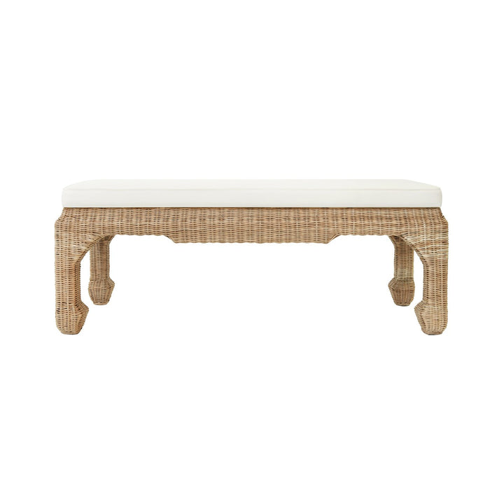 Massey - Ming Style Bench In Woven Rattan With Ivory Linen Cushion