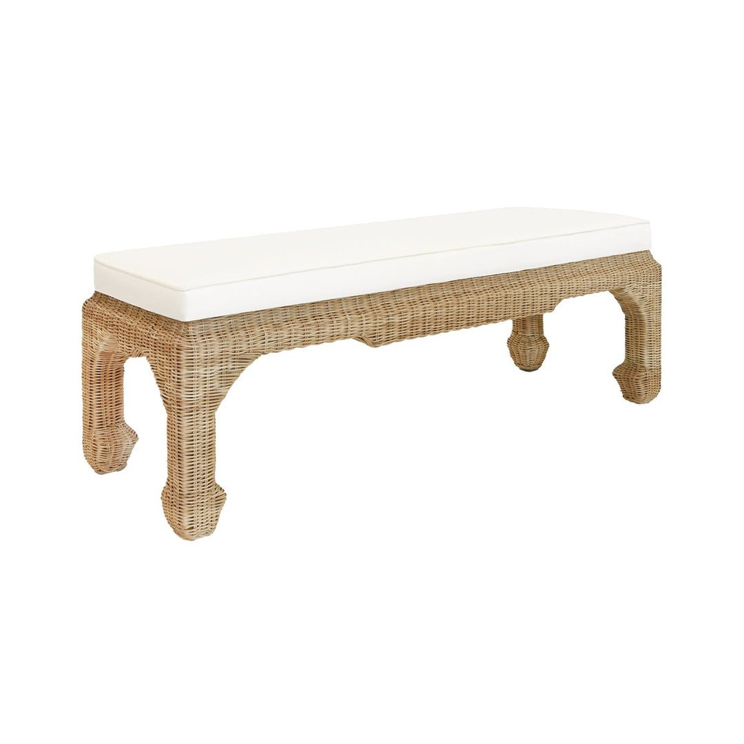 Massey - Ming Style Bench In Woven Rattan With Ivory Linen Cushion