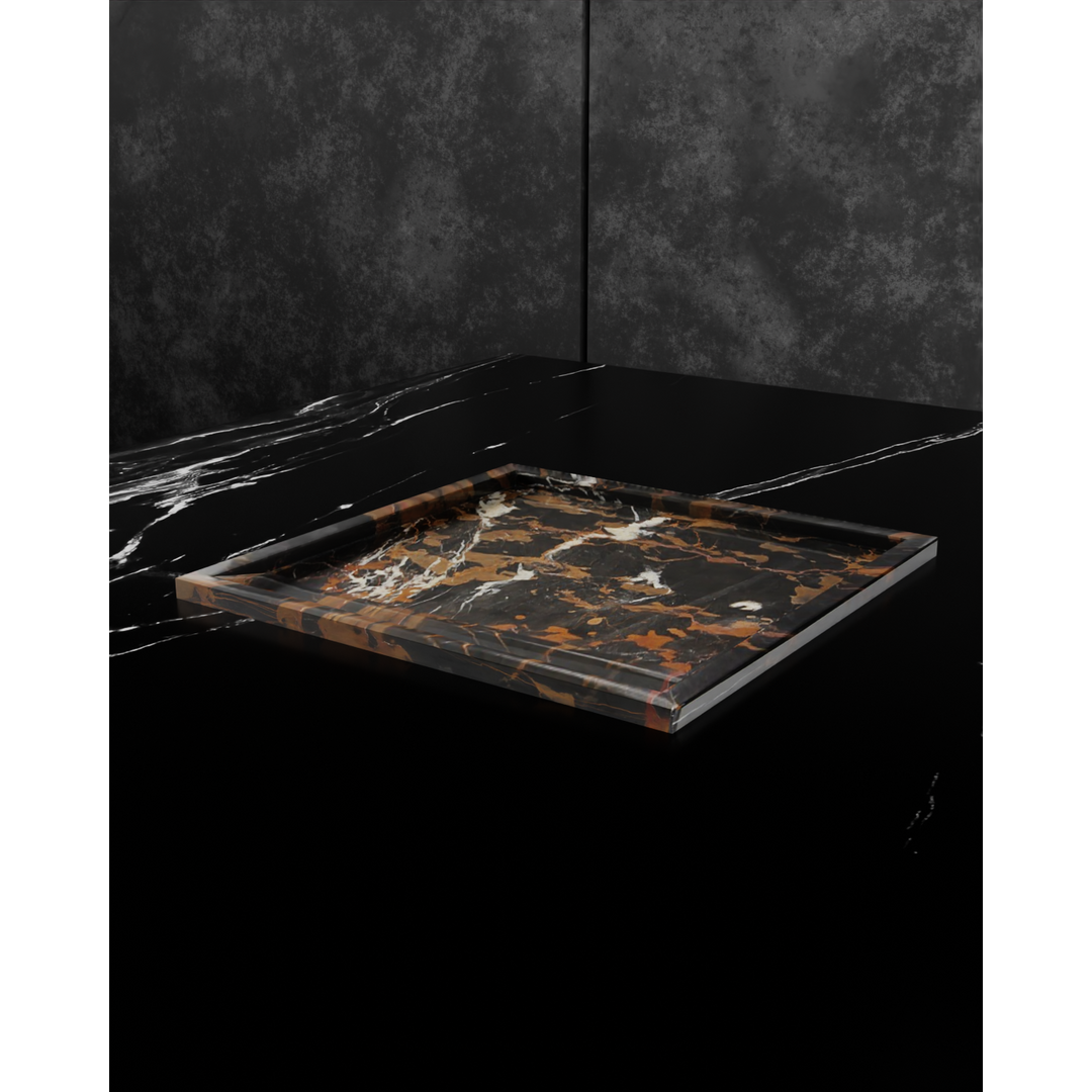 Nectar Collection Polished Finish Square Tray 14"-FABLER-MC-PC22-BG-TraysBlack & Gold Marble-1-France and Son