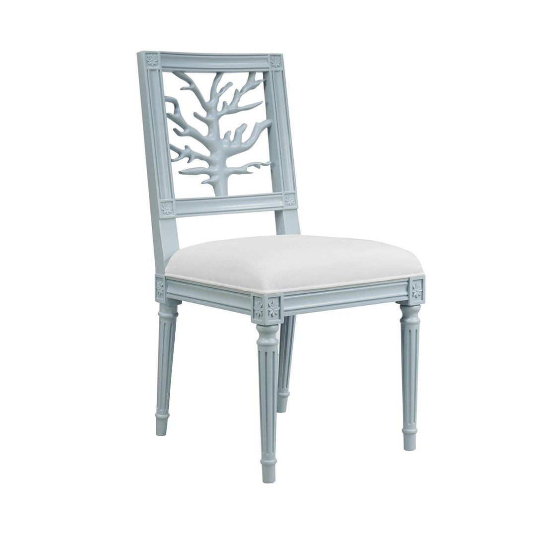 Mckay - Coral Motif Back Dining Chair With White Linen Seat In Matte Light Blue Lacquer