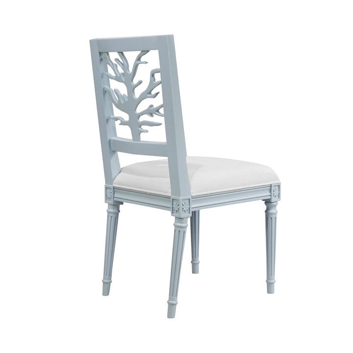 Mckay - Coral Motif Back Dining Chair With White Linen Seat In Matte Light Blue Lacquer