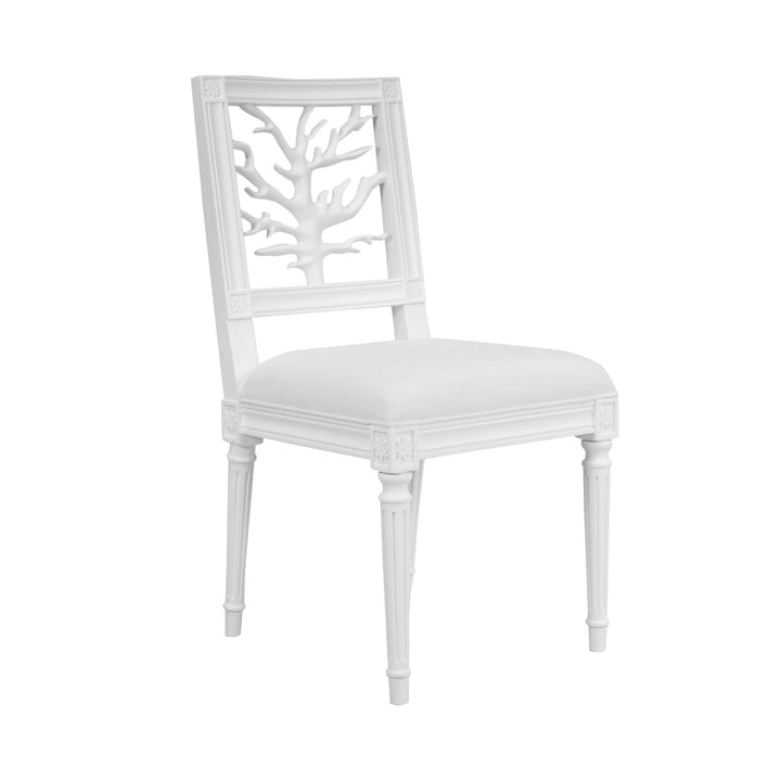 Mckay - Coral Motif Back Dining Chair With White Linen Seat In Matte White Lacquer